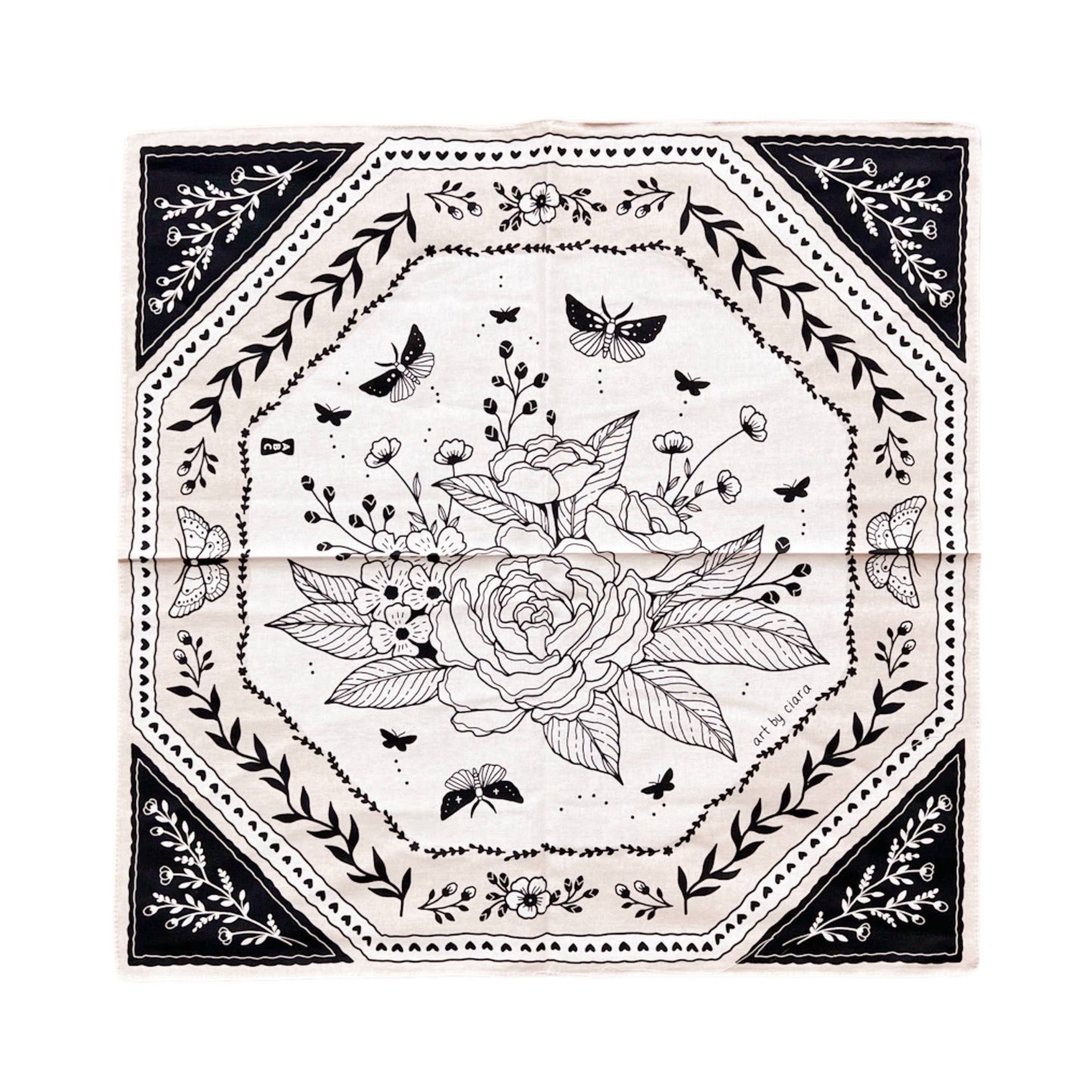 Black and White Floral Moth Altar Cloth/Bandana